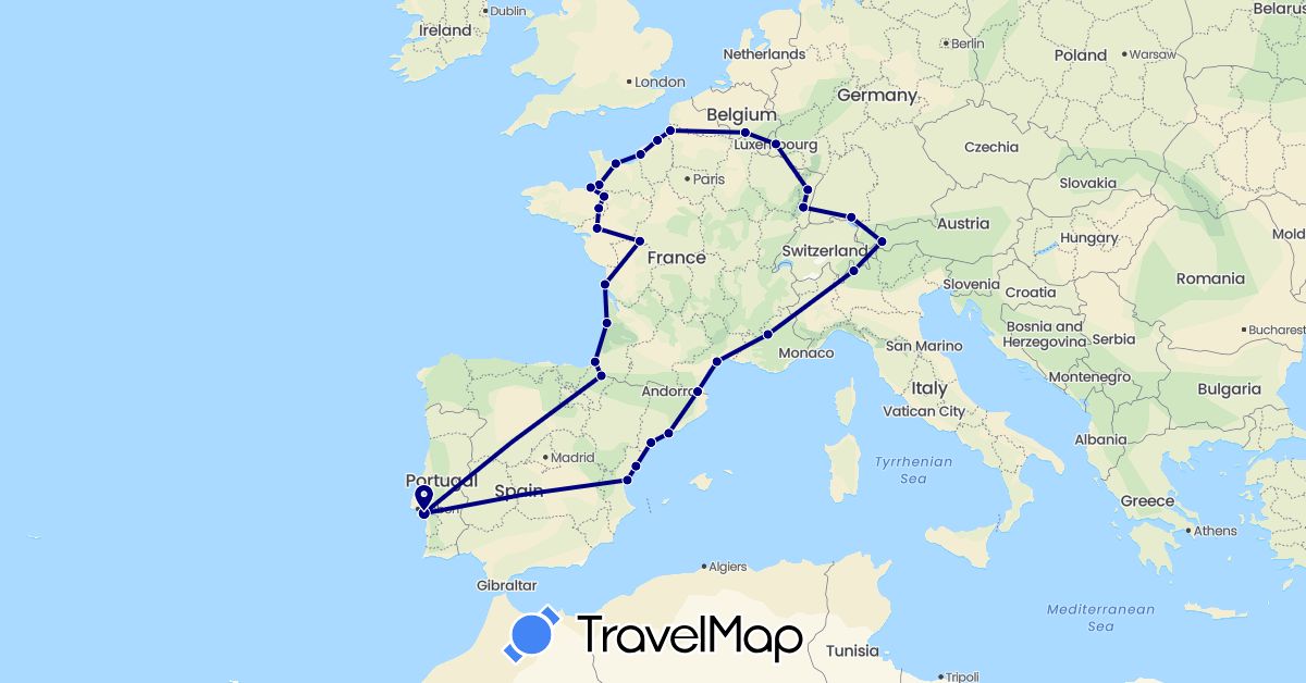 TravelMap itinerary: driving in Austria, Germany, Spain, France, Italy, Luxembourg, Portugal (Europe)